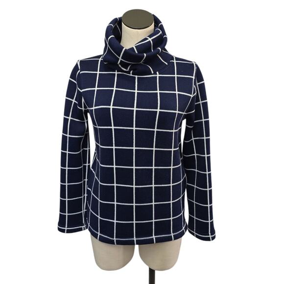 J Crew Turtleneck Funnelneck Windowpane Plaid Sweater Size‎ Small Blue White - Picture 1 of 9